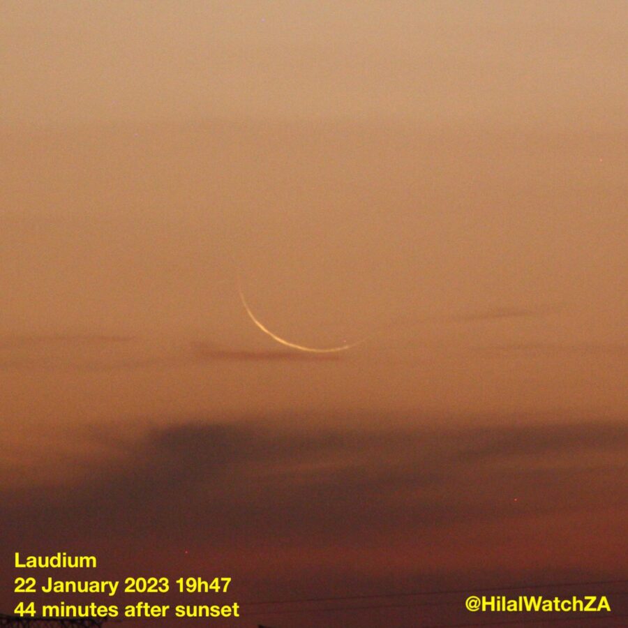 From South Africa, crescent moon photo of 1 Rajab 1444 AH, visible by naked eye on Sunday, 22 January 2022.