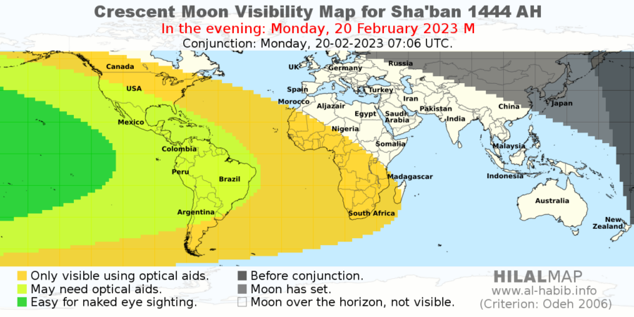 The visibility map of the crescent moon of the 1st of Sha'ban 1444 AH on the evening of Monday, February 20, 2023. The crescent moon of the 1st of Sha'ban 1444 AH can only be seen in some parts of the western region of the Americas (HilalMap).