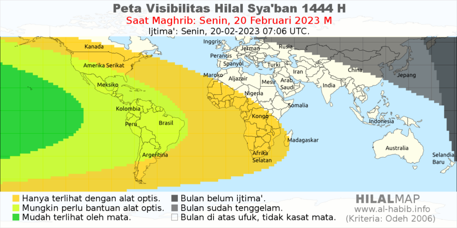 Peta visibilitas hilal 1 Sya'ban 1444 H pada petang hari Senin, 20 Feb 2023. Bulan sabit 1 Sya'ban 1444 H hanya akan bisa dilihat di sebagian wilayah barat benua Amerika.