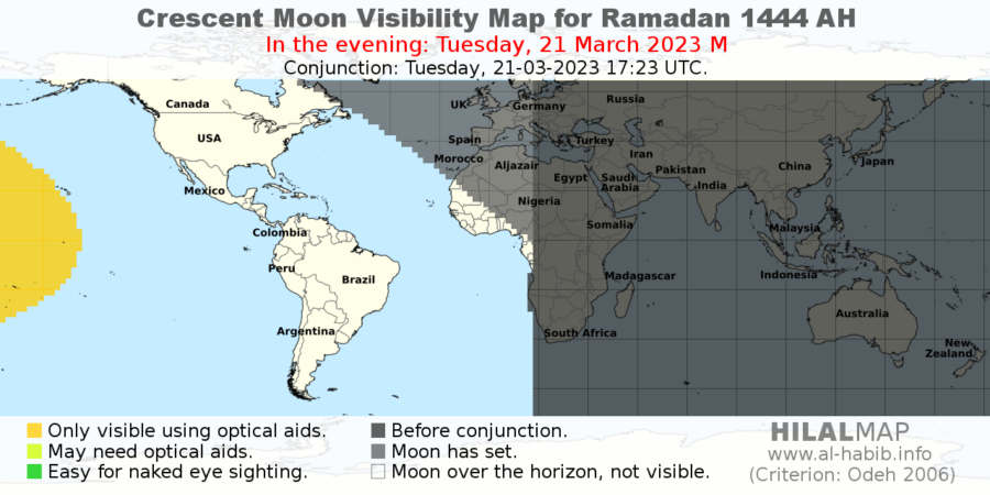 Crescent moon visibility map for Ramadan 1444 AH on Tuesday evening, 21 March 2023.