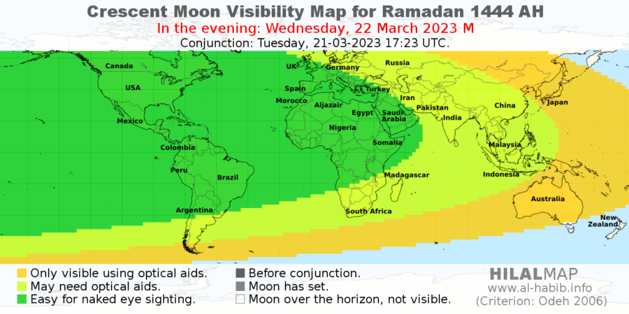 Crescent moon visibility map for Ramadan 1444 AH on Wednesday evening, 22 March 2023 (HilalMap).