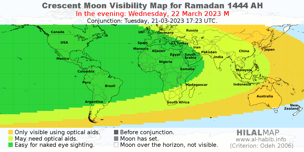 Crescent moon visibility map for Ramadan 1444 AH on Wednesday evening, 22 March 2023 (HilalMap).