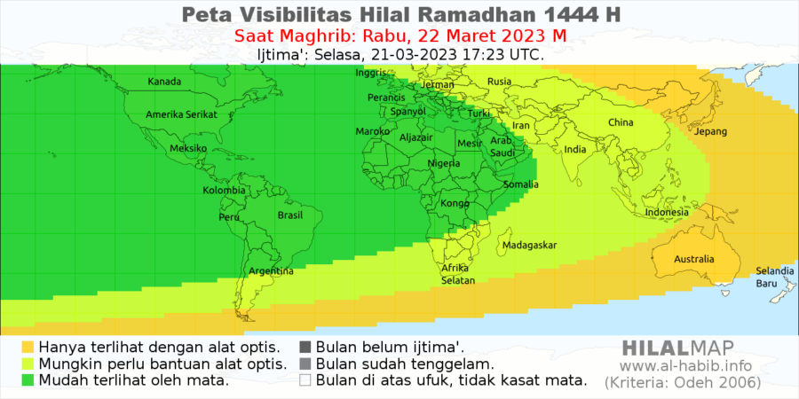 Peta visibilitas hilal Ramadhan 1444 H pada petang hari Rabu, 22 Maret 2023. Hampir sebagian besar wilayah dunia akan bisa menyaksikan hilal 1 Ramadhan 1444 H pada petang hari Rabu.