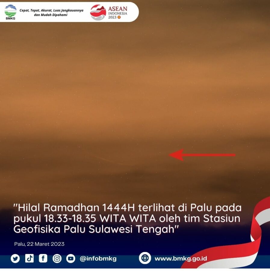 Foto bulan sabit 1 Ramadhan 1444 H dari Palu, Sulawesi, Indonesia oleh tim BMKG pada petang hari Rabu, 22 Maret 2023.