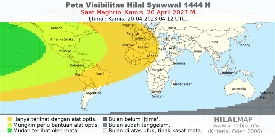 Peta visibilitas hilal 1 Syawal 1444 H pada petang hari Kamis, 20 April 2023. Hilal akan bisa teramati dari wilayah Amerika Serikat dengan mata telanjang.