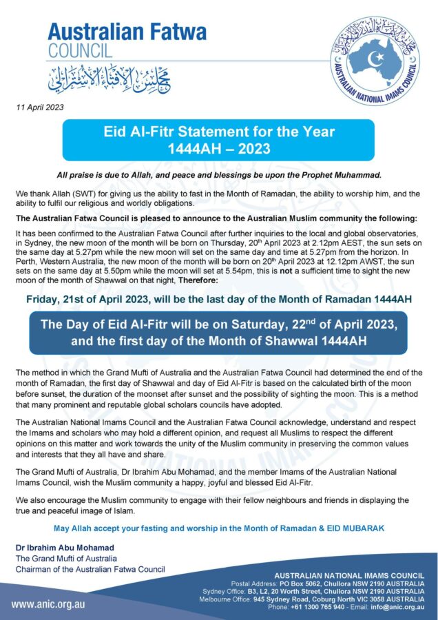 Australian Fatwa Council statement regarding Eid-ul-Fitr 1444 AH. Eid will be on Saturday, 22 April 2023.