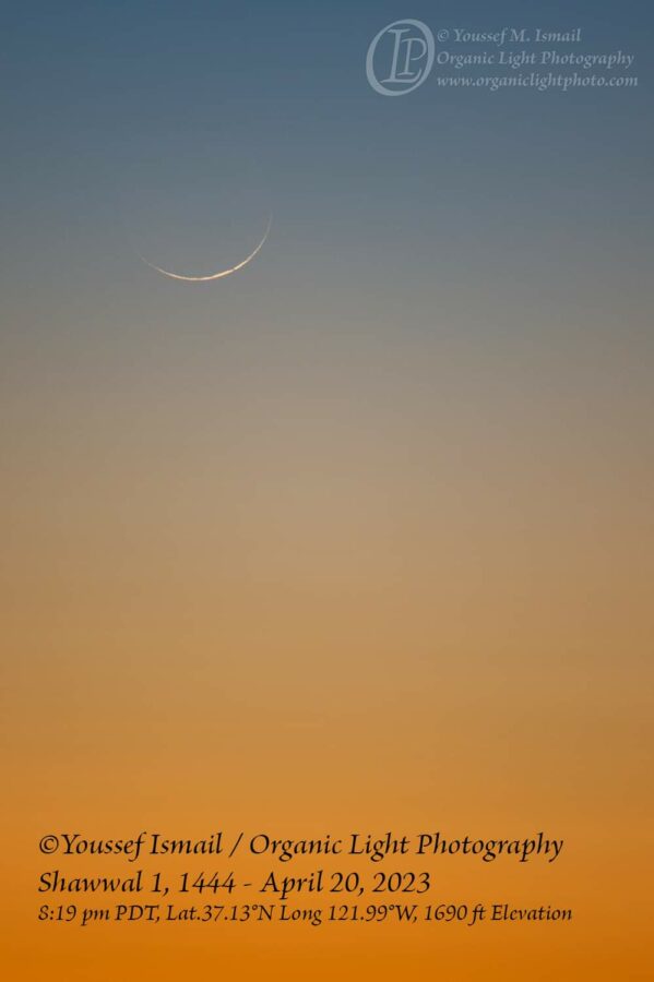Crescent moon photo of 1 Shawal 1444 AH on the evening of Thursday, 20 April 2023 from San Diego,  California (Yourself Ismail).