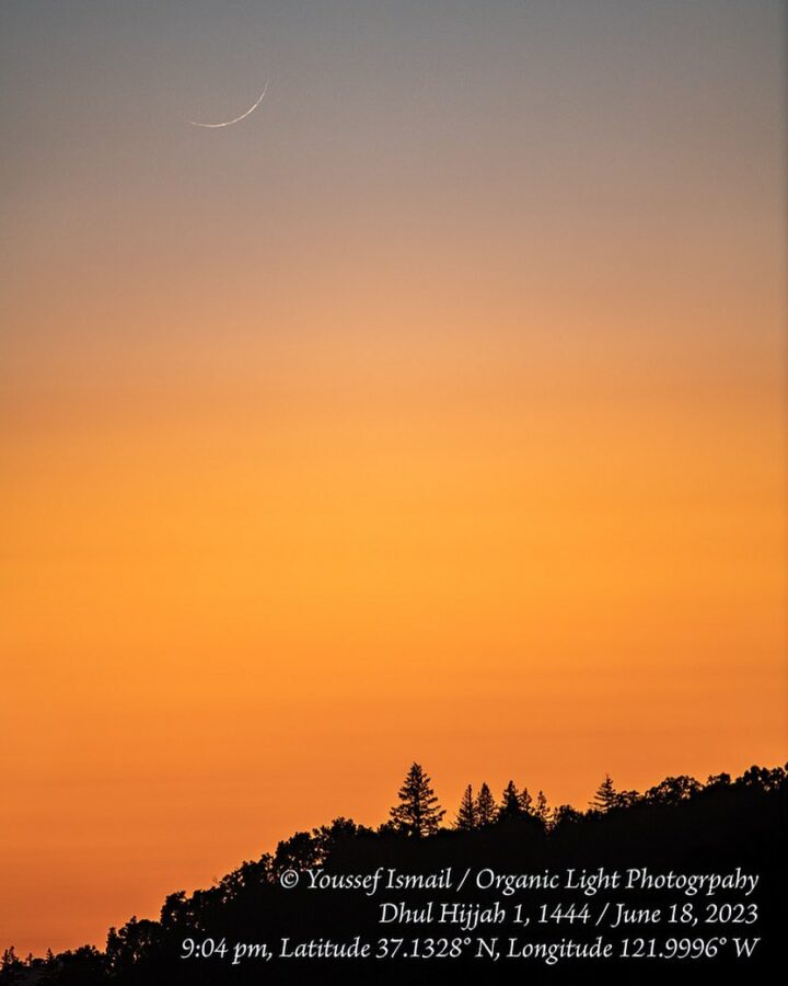Foto bulan sabit 1 Dzulhijah 1444 H dari Santa Cruz Mountains, AS pada hari Ahad, 18 Juni 2023 petang (Youssef Ismail).