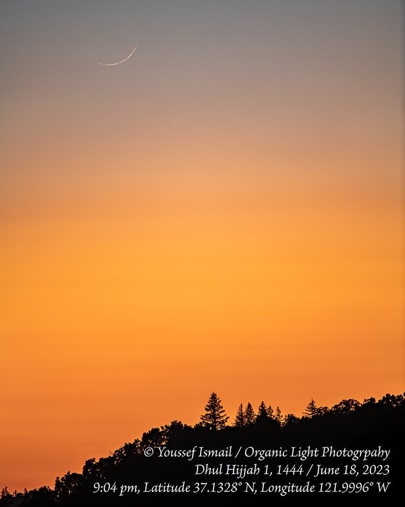 Photograph of the crescent moon of 1 Dhul-Hijjah 1444 AH from Santa Cruz Mountains, California, USA, on Sunday evening, 18 June 2023 (Youssef Ismail).