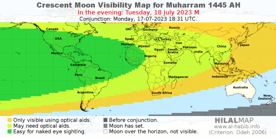 crescent moon visibility map for Muharram 1445 AH.