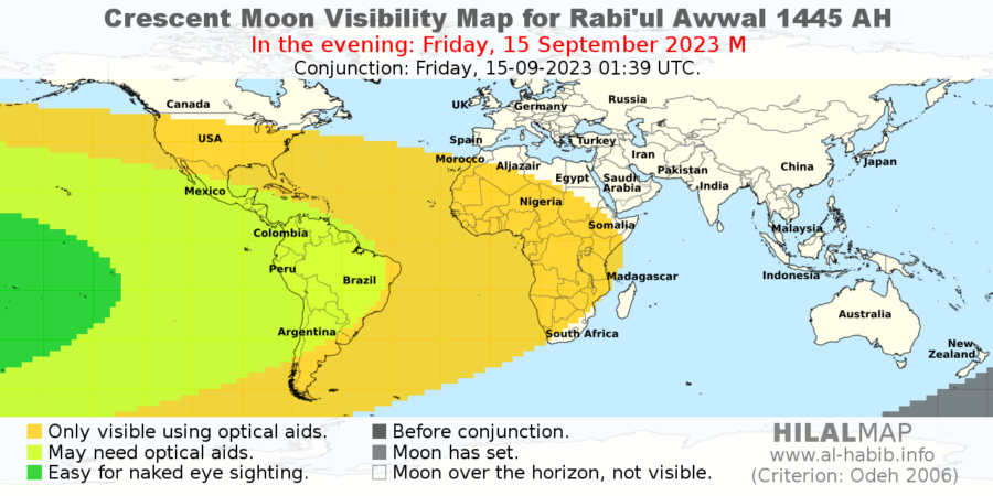 Crescent moon visibility map for Rabiul Awwal 1445 AH on Friday, 15 September 2023 CE. Crescent moon is not visible for majority of the world.