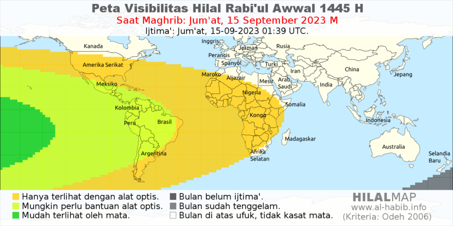 Peta visibilitas hilal 1 Rabiul Awal 1445 H pada petang hari Jumat, 15 September 2023.