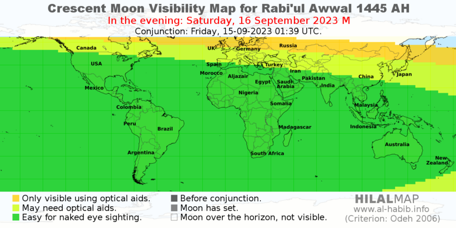 Crescent moon visibility map for Rabiul Awwal 1445 AH on Saturday, 16 September 2023 CE. Most parts of the world will be able to see the crescent moon.