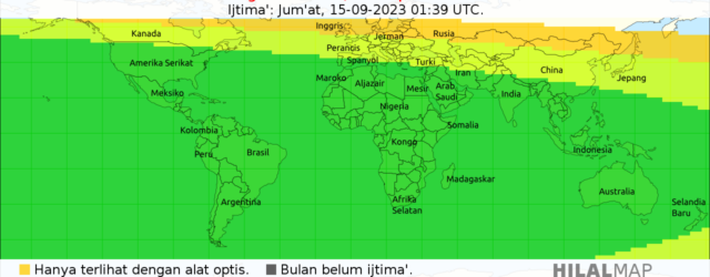 Peta visibilitas hilal 1 Rabiul Awal 1445 H pada petang hari Sabtu, 16 September 2023.