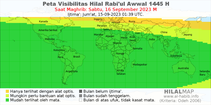 Peta visibilitas hilal 1 Rabiul Awal 1445 H pada petang hari Sabtu, 16 September 2023. 