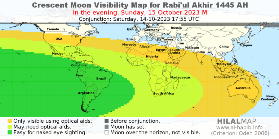 Crescent moon visibility map for Rabi' ath-Thani 1445 AH on Sunday evening, 15 October 2023.