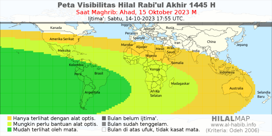 Peta keterlihatan hilal Rabi;ul Akhir 1445 H pada petang hari Ahad, 15 Oktober 2023 M.