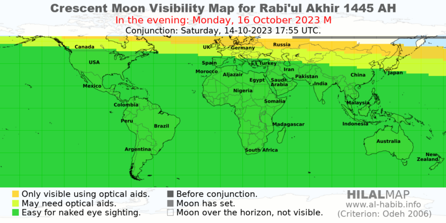 Crescent moon visibility map for Rabi' ath-Thani 1445 AH on Monday evening, 16 October 2023.