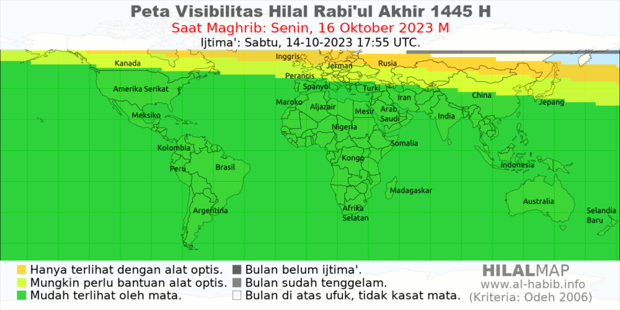 Peta keterlihatan hilal Rabi;ul Akhir 1445 H pada petang hari Senin, 16 Oktober 2023 M.