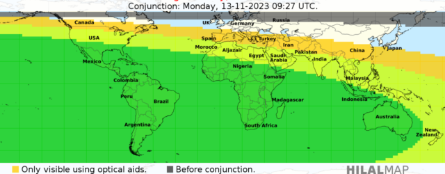 Map showing crescent moon visibility for the islamic month of Jumadal Ula 1445 H on the evening of Tuesday, 14 Nov 2023.
