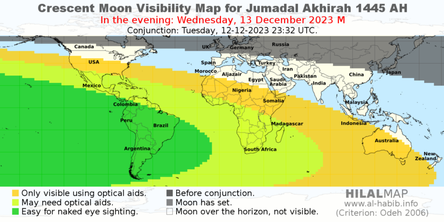 Crescent moon visibility map in the evening of Wednesday, 13 December 2023. Only South America can see the crescent moon of Jumadal Akhirah 1445 easily.