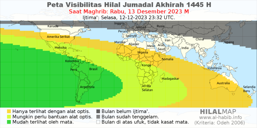 Peta visibilitas bulan sabit Jumadil Akhir 1445 H pada petang hari Rabu, 13 Des 2023.