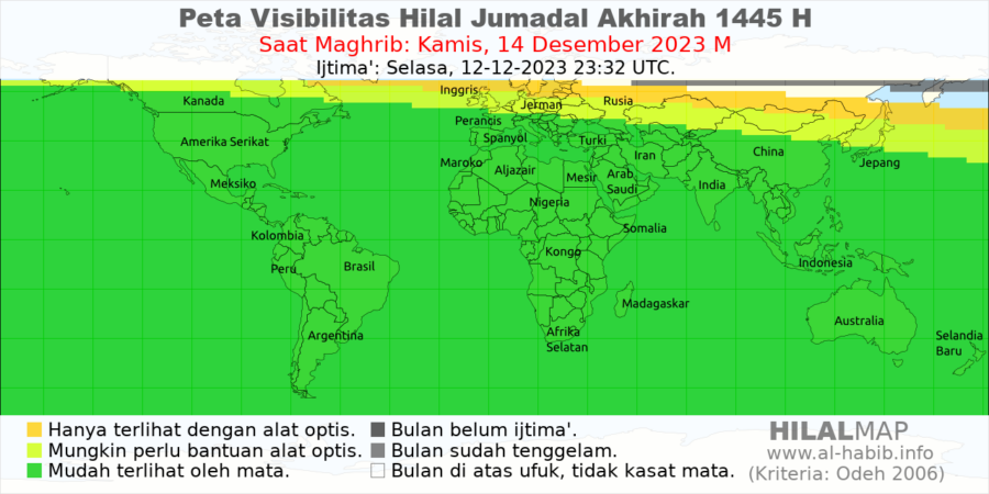 Peta visibilitas bulan sabit Jumadil Akhir 1445 H pada petang hari Kamis, 14 Des 2023. 