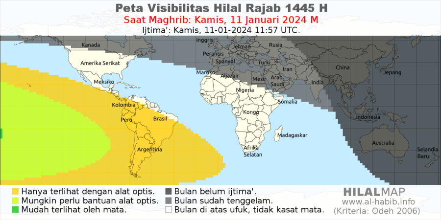 Peta visibilitas hilal Rajab 1445 H pada hari Kamis, 11 Januari 2024.
