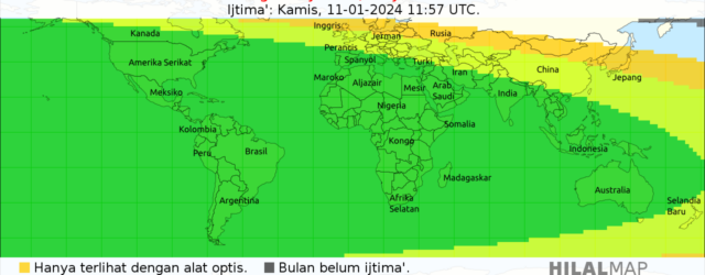 Peta visibilitas hilal 1 Rajab 1445 H pada hari Jumat, 12 Januari 2024.