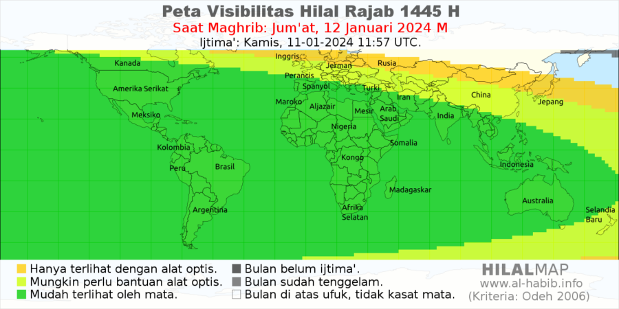 Peta visibilitas hilal 1 Rajab 1445 H pada hari Jumat, 12 Januari 2024. 