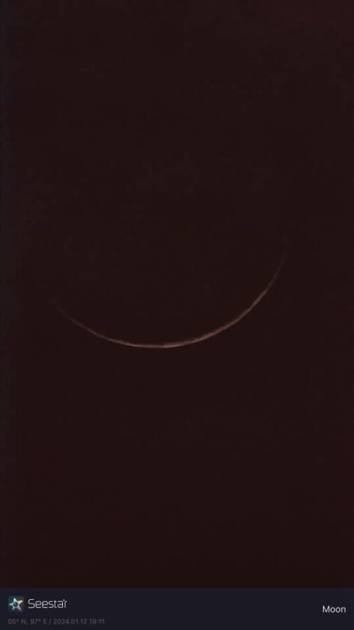 Crescent moon photo of 1 Rajab 1445 AH taken from Lhokseumawe, Aceh, Indonesia on Friday, 12 January 2024.