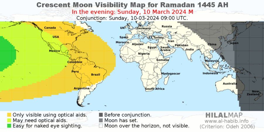 Crescent moon visibility map for Ramadan 1445 AH on Sunday, 10 March 2024.