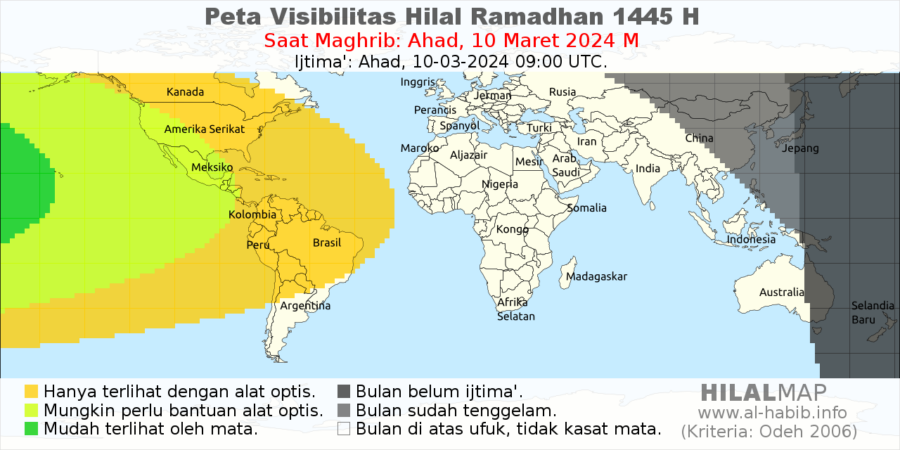 Peta visibilitas hilal 1 Ramadan 1445 H pada hari Ahad, 10 Maret 2024 M.