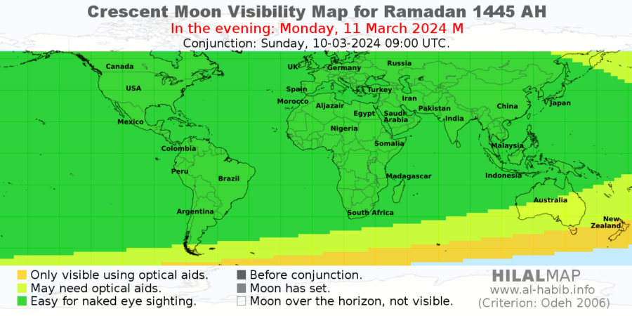 Crescent moon visibility map for Ramadan 1445 AH on Monday, 11 March 2024. Most part of the world will be able to observe the moon in this evening marking the star of Ramadan.