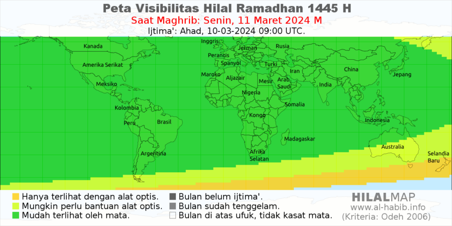 Peta visibilitas hilal 1 Ramadan 1445 H pada hari Senin, 11 Maret 2024 M.
