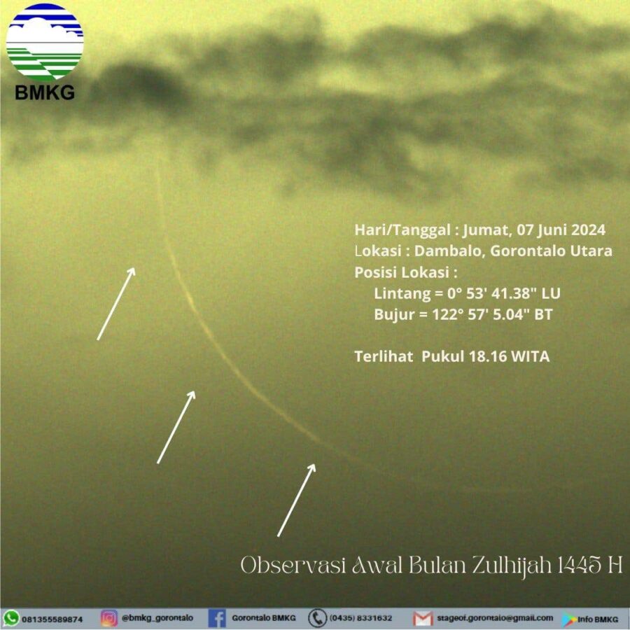 Foto bulan sabit 1 Dzulhijah 1445 H dari Gorontalo, Indonesia pada hari Jumat, 7 Juni 2024 M (BMKG).