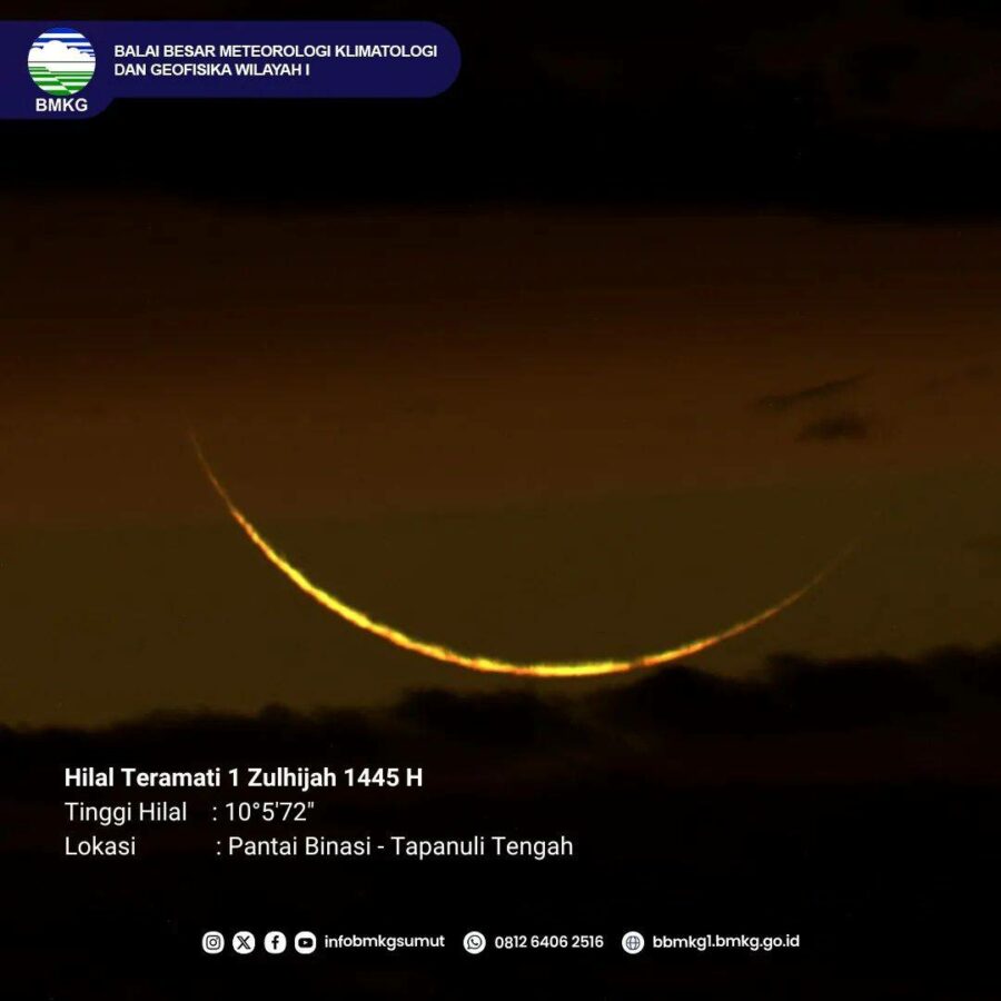 Foto bulan sabit 1 Dzulhijah 1445 H dari Tapanuli, Indonesia pada hari Jumat, 7 Juni 2024 M (BMKG).