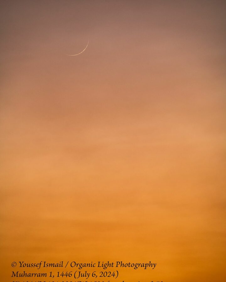 Crescent moon photo of 1 Muharram 1446 AH seen from Santa Cruz Mountains, California, USA on Saturday, 6 July 2024 CE (Youssef Ismail).