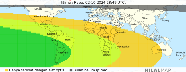 Peta visibilitas hilal Rabiul Akhir 1446 H pada petang hari Kamis, 3 Oktober 2024 M. Hilal akan mudah terlihat dari wilayah Amerika Selatan.