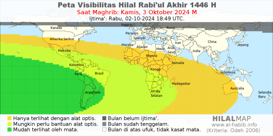 Peta visibilitas hilal Rabiul Akhir 1446 H pada petang hari Kamis, 3 Oktober 2024 M. Hilal akan mudah terlihat dari wilayah Amerika Selatan.