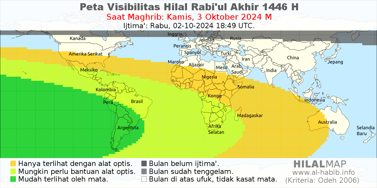 Peta visibilitas hilal Rabiul Akhir 1446 H pada petang hari Kamis, 3 Oktober 2024 M. Hilal akan mudah terlihat dari wilayah Amerika Selatan.