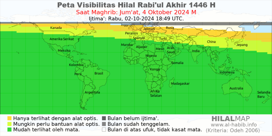 Peta visibilitas hilal Rabiul Akhir 1446 H pada petang hari Jumat, 4 Oktober 2024 M. Hilal akan mudah terlihat dari hampir seluruh wilayah dunia kecuali Eropa Utara, Korea dan Jepang.