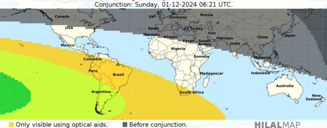 Crescent moon visibility map for Jumadal Akhirah 1446 AH on Sunday, 1 December 2024. Naked eye sighting of the crescent moon will be improbable in most part of the world.