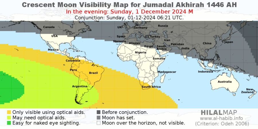 Crescent moon visibility map for Jumadal Akhirah 1446 AH on Sunday, 1 December 2024. Naked eye sighting of the crescent moon will be improbable in most part of the world.