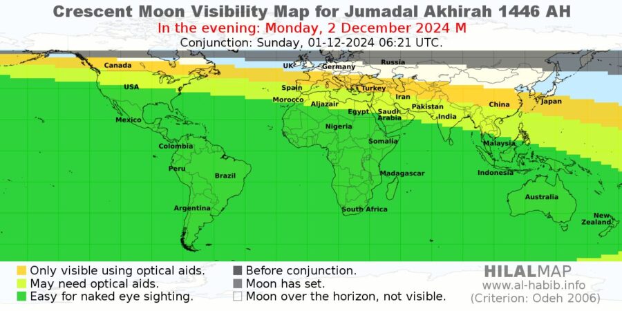 The crescent moon of Jumadal Akhirah 1446 AH will be easily visible on the evening of Monday, 2 December 2024 from many parts of the world.