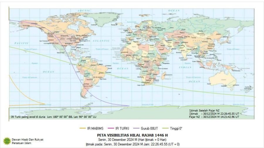 Peta visibilitas hilal 1 Rajab 1446 H berdasarkan kriteria KHGT Turki 2016.