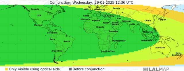 Crescent moon visibility map for the month of Sha'ban 1446 AH.