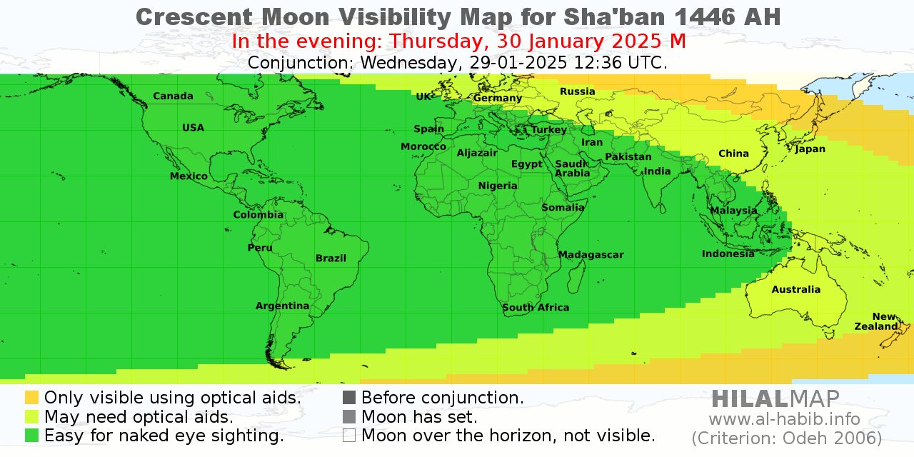 Crescent moon visibility map for the month of Sha'ban 1446 AH.