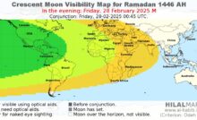 Crescent moon visibility map for Ramadan 1446 AH on Friday evening, 28 February 2025 CE. The crescent moon will be easily visible only from the American continents.