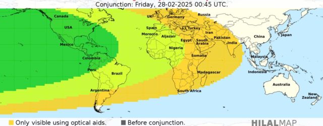 Crescent moon visibility map for Ramadan 1446 AH on Friday evening, 28 February 2025 CE. The crescent moon will be easily visible only from the American continents.